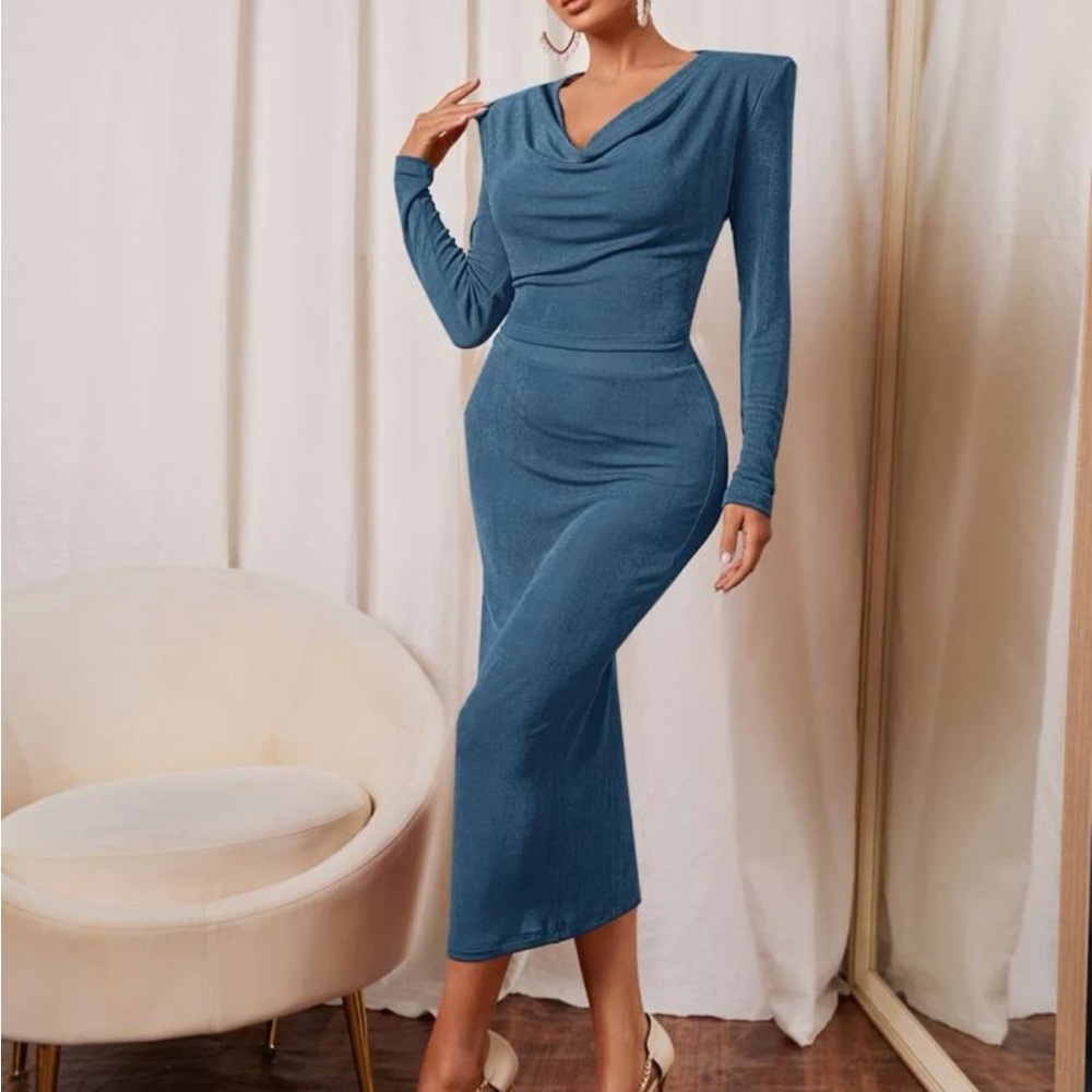 Shoulder Pad Drape Neck Top & Pencil Skirt